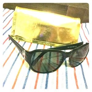 Tory Burch black leather metal sunglasses w/ case